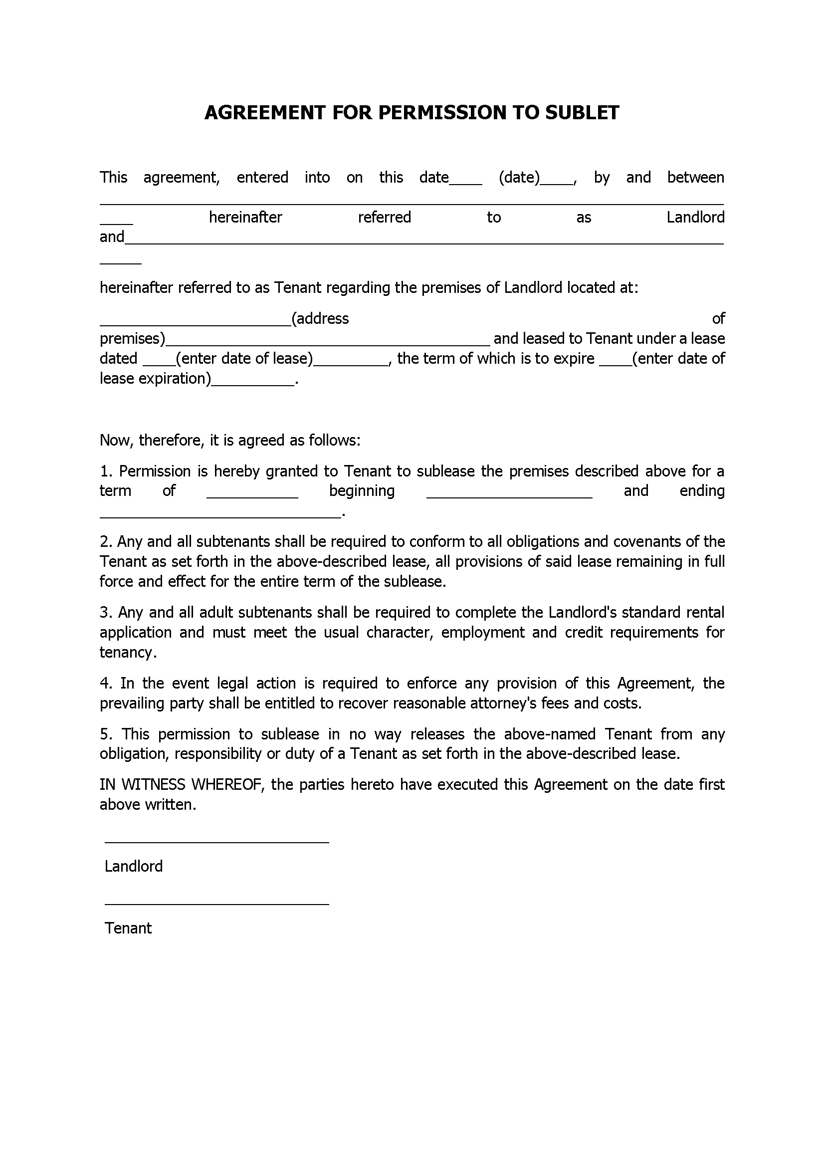 Agreement For Permission To Sublet